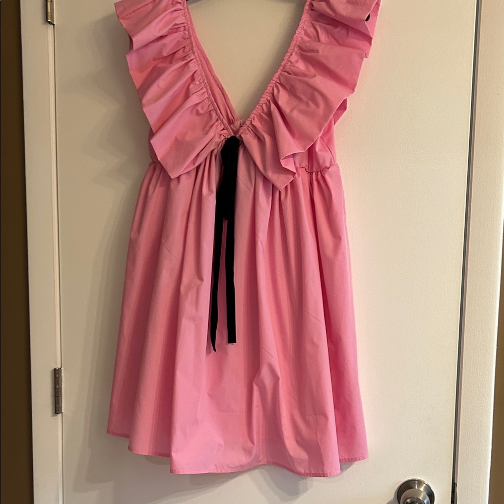 Pink Ruffle V-Neck Dress with Black Tie